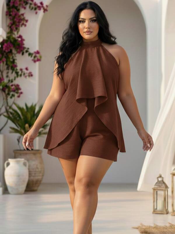 Macaquinho Vestido Plus Size Feminino Frente Única Solto Costas Abertas